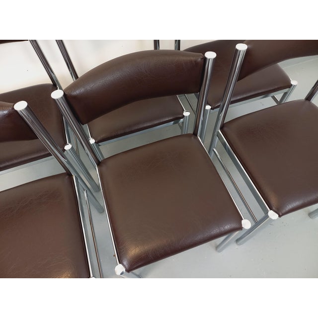 Brown Vintage Chairs in Chromed Metal and Brown Imitation Leather, 1970s, Set of 6 For Sale - Image 8 of 18