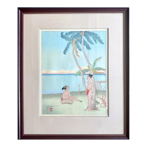 Early 20th Century Framed Japanese Woodblock Print Apres La Pluie Tarang Yap by Paul Jacoulet