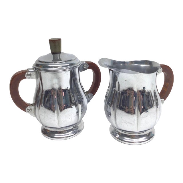 Art Deco Bakelite Farber Bros Krome Kraft Cream and Sugar Stainless For Sale