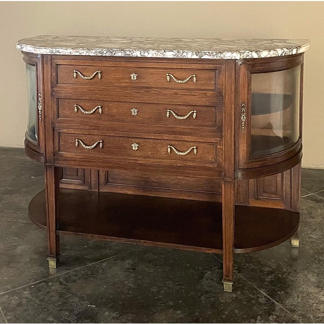 French 19th Century French Louis XVI Walnut Marble Top Parisian Display Buffet For Sale - Image 3 of 15