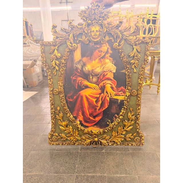 Gold Vintage Grand French Rococo Lady Portrait Wall Art with Sage Green Panels For Sale - Image 8 of 8