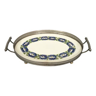 Italian Art Deco Tray with Flowers in Ceramic and Metal, 1920s For Sale