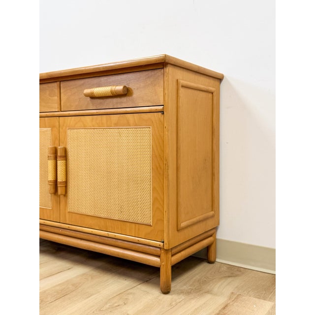 Wood Vintage Coastal Wicker Rattan Blonde Buffet Natural Wood Two Drawer Cabinet For Sale - Image 7 of 18