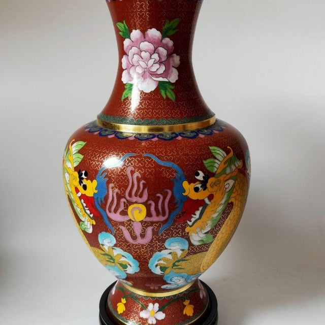 Red Vintage Cloisonné Enamel Dragon Vase – Red Ground, Gilt Accents, With Stand & Box For Sale - Image 8 of 9