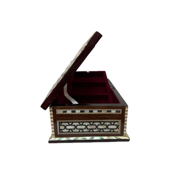 Brown Handmade Wooden Jewelry Box Wood Trinket Storage Wood Box Mother of Pearl Inlay For Sale - Image 8 of 11