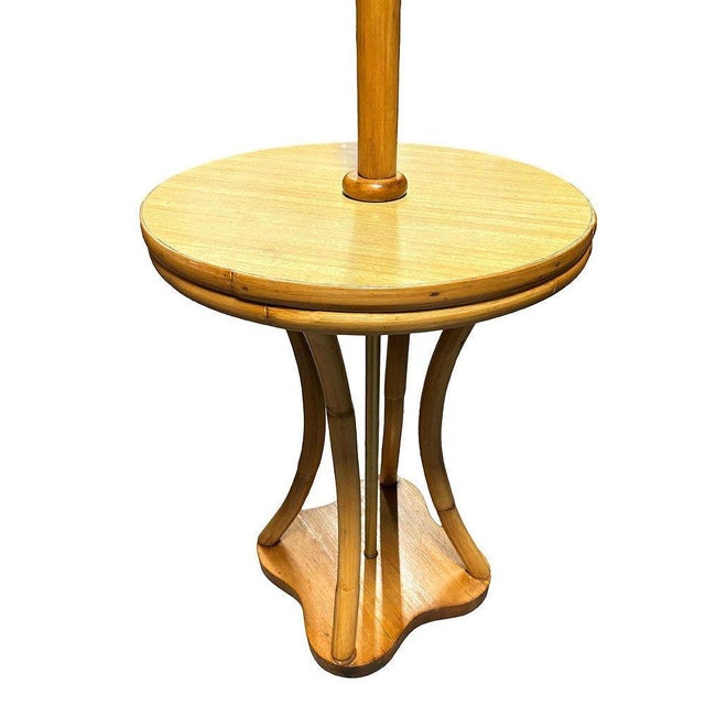 Wood Restored Rattan & Mahogany Hourglass Side Table Torchiere Floor Lamp For Sale - Image 7 of 8