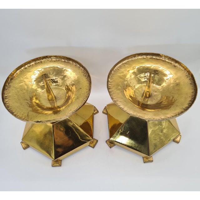 Large Brutalist Brass Candlesticks, Europe, 1970s, Set of 2 For Sale - Image 4 of 11