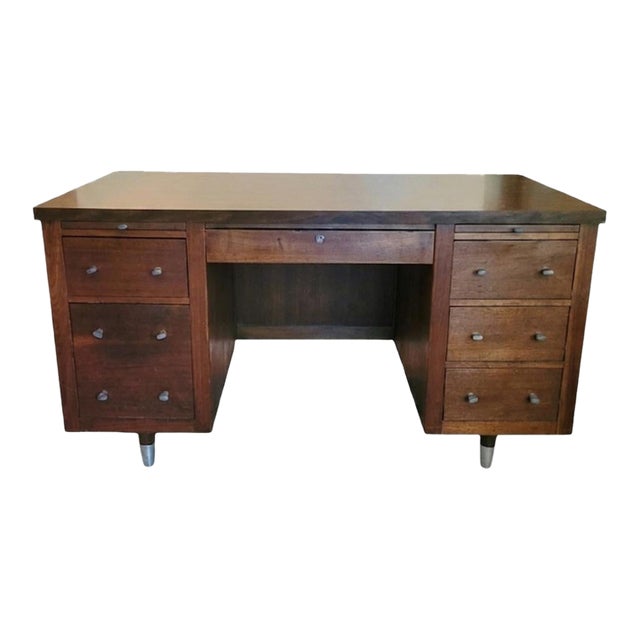 Vintage Alma Mid Century Modern Tanker 6 Drawer Solid Wood Large Desk For Sale