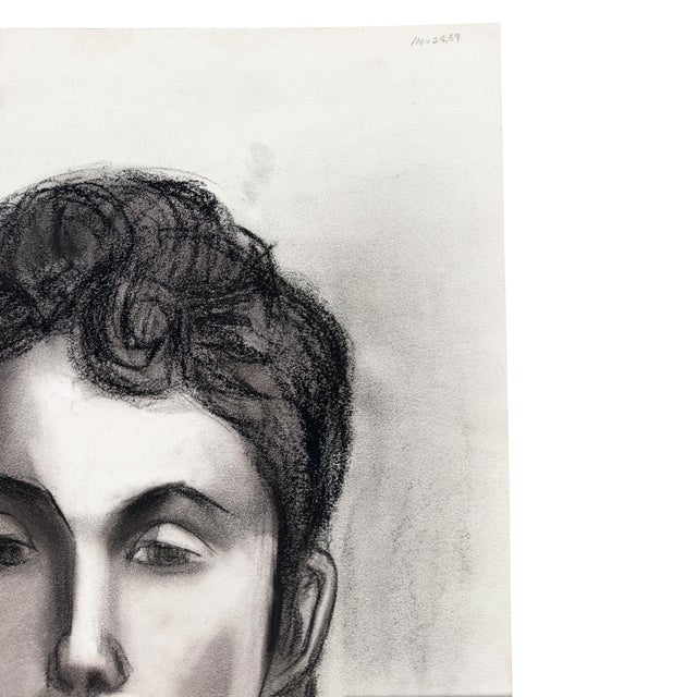 Mid 20th Century Black and White Charcoal Portrait Drawing of a Woman on Paper - Signed 1959 For Sale - Image 5 of 8