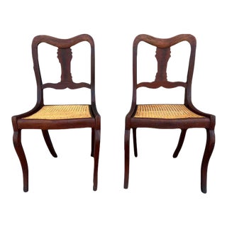 Pair of 19th Century Antique Victorian Style Flame Mahogany Cane Seat Chairs For Sale