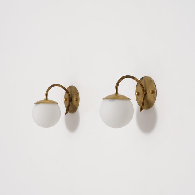 Vintage Italian Brass and Opaline Glass Globe Wall Sconces, 1950s, Set of 2 For Sale - Image 4 of 7
