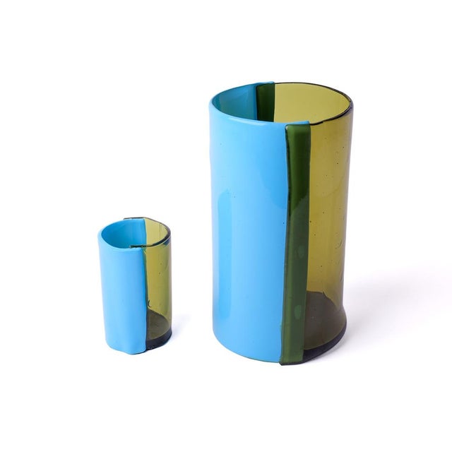 Blue Two Lines Vase in Clear Bottle Green by Enzo Mari for Cosit Factory For Sale - Image 8 of 9