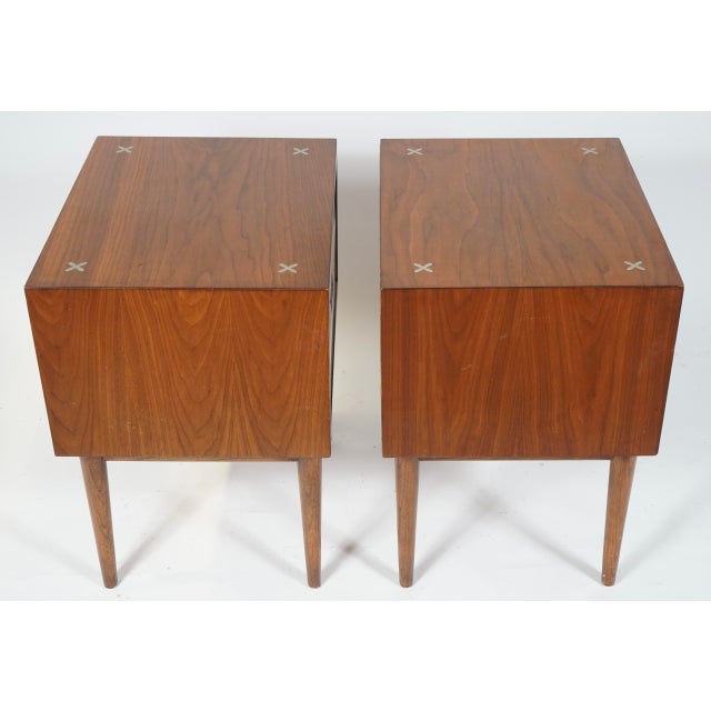 Mid-Century Modern 1960s Merton Gershun for American of Martinsville Mid Century X Inlay Walnut Nightstands Set of 2 For Sale - Image 3 of 9