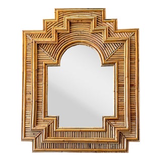 Vintage Art Deco Style Bamboo or Rattan Arch Mirror With Stepped Geometric Frame, Circa 1970s For Sale