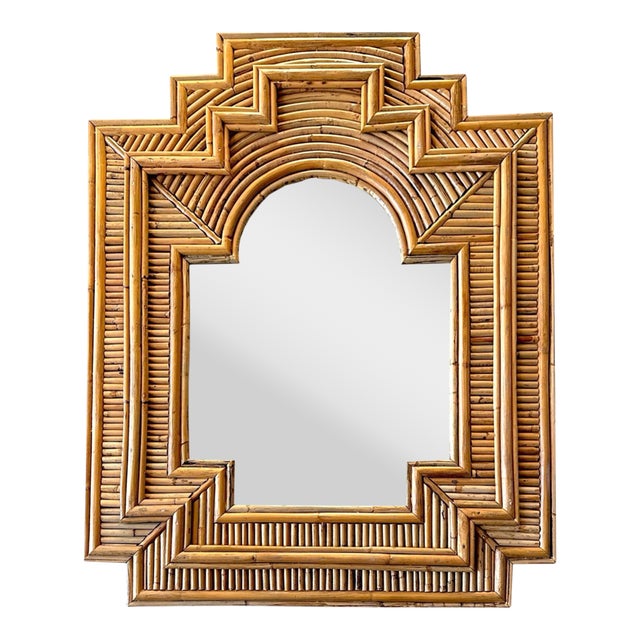 Vintage Art Deco Style Bamboo or Rattan Arch Mirror With Stepped Geometric Frame, Circa 1970s For Sale