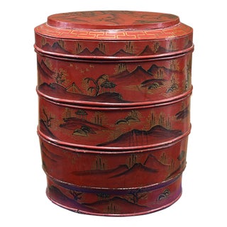 Vintage Chinese Red Golden Scenery Graphic Round Wood Stack Basket Table For Sale