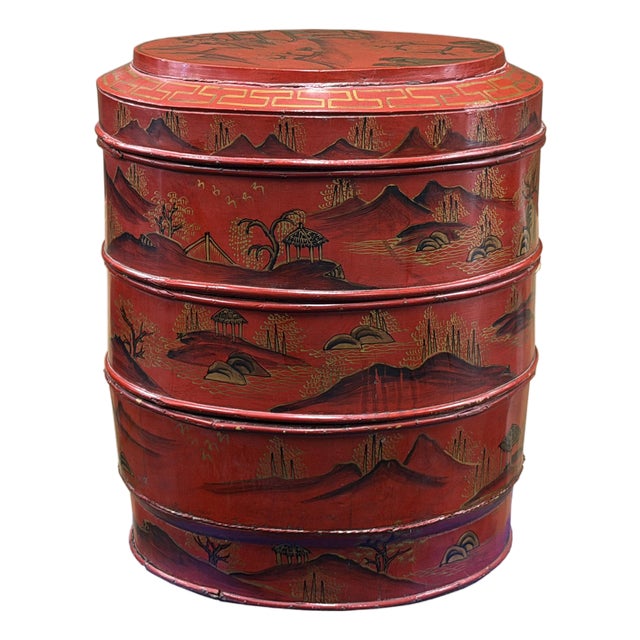 Vintage Chinese Red Golden Scenery Graphic Round Wood Stack Basket Table For Sale
