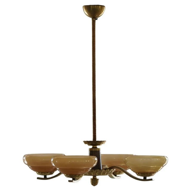 Art Deco Four-Arm Pendant in Glass and Brass, Sweden, 1940s For Sale - Image 14 of 14