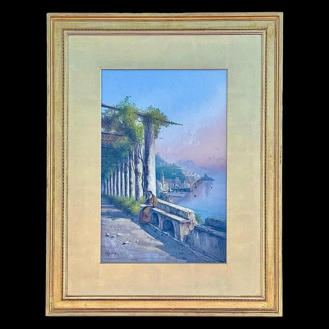 This antique Italian gouache painting by Giovanni Battista (1858–1925) beautifully captures a coastal scene, likely along...