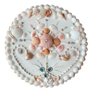 Coastal Wall Panel on Antique White Background, Shell Panel for Wall, Beach Home Wall Art, 12.5” Round Panel For Sale