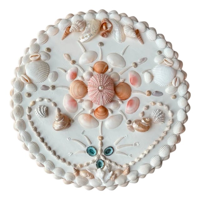 Coastal Wall Panel on Antique White Background, Shell Panel for Wall, Beach Home Wall Art, 12.5” Round Panel For Sale