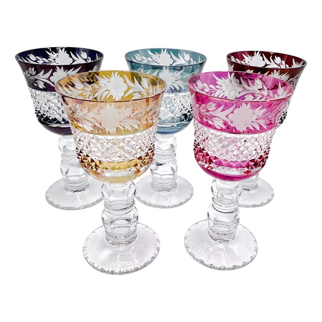 Thick Stem Cut and Etched Crystal Wine Goblets, Bohemia, 1950s, Set of 5 For Sale