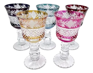 Thick Stem Cut and Etched Crystal Wine Goblets, Bohemia, 1950s, Set of 5