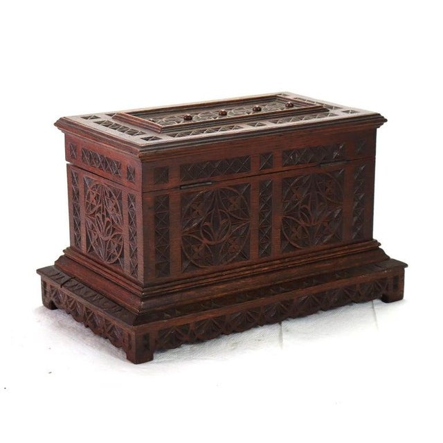 Antique Gothic Style Chip Carved Walnut Keepsake Box C1860 For Sale - Image 10 of 12