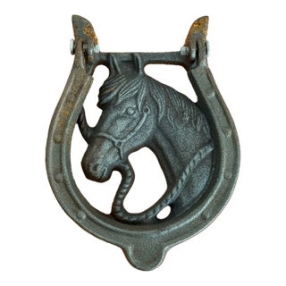 Vintage Cast Iron Horse Head and Horseshoe Door Knocker For Sale