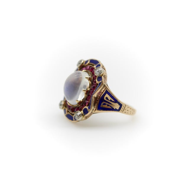 Victorian Late 19th Century Victorian Moonstone Ruby Diamond and Enameled 14k Gold Ring Size 5.25 For Sale - Image 3 of 11
