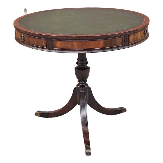 Early 20th Century Georgian Style Tooled Leather Inset Mahogany Three-Drawer Center Table For Sale