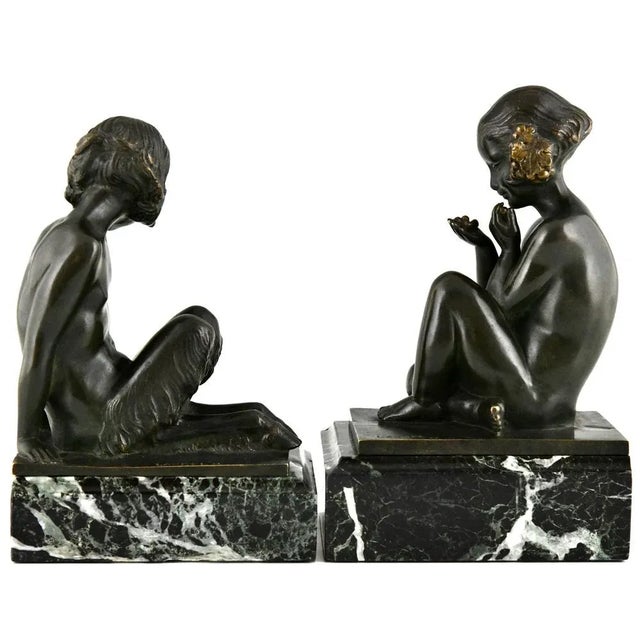 Art Deco Bronze Bookends Faun and Girl with Grapes by Pierre Laurel, 1925, Set of 2 For Sale - Image 4 of 13
