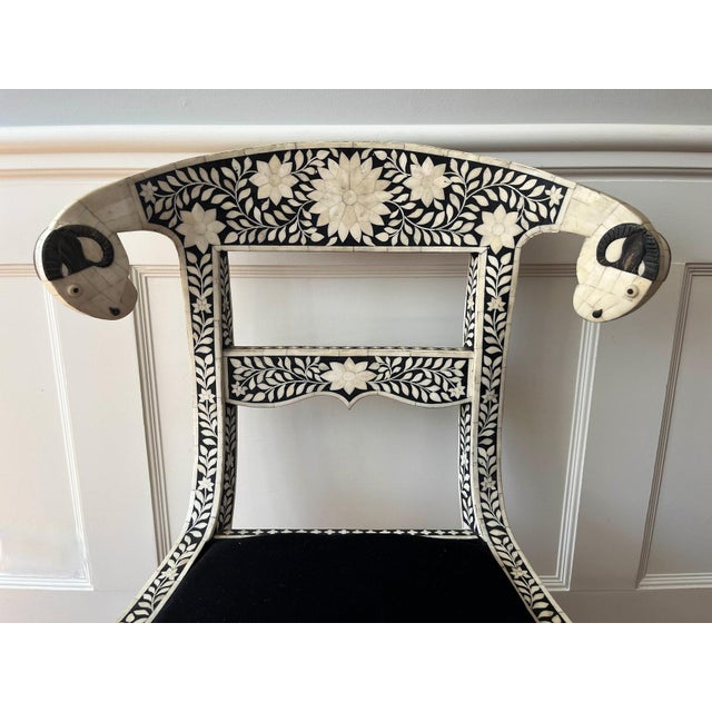 Early 20th Century Set of 4 Anglo-Indian style, bone inlay, ram's head dining chairs For Sale - Image 9 of 11