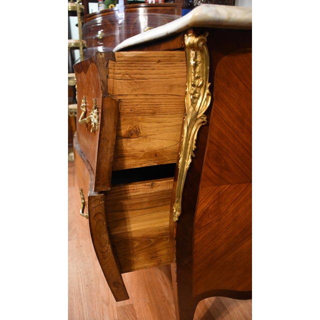 1910 Antique French Louis XV Satinwood Inlaid & Marble Top Commode / Dresser For Sale - Image 9 of 13