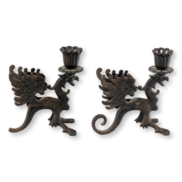Late 20th Century Pair of Midcentury Cast Iron Dragon Candleholders For Sale - Image 5 of 8