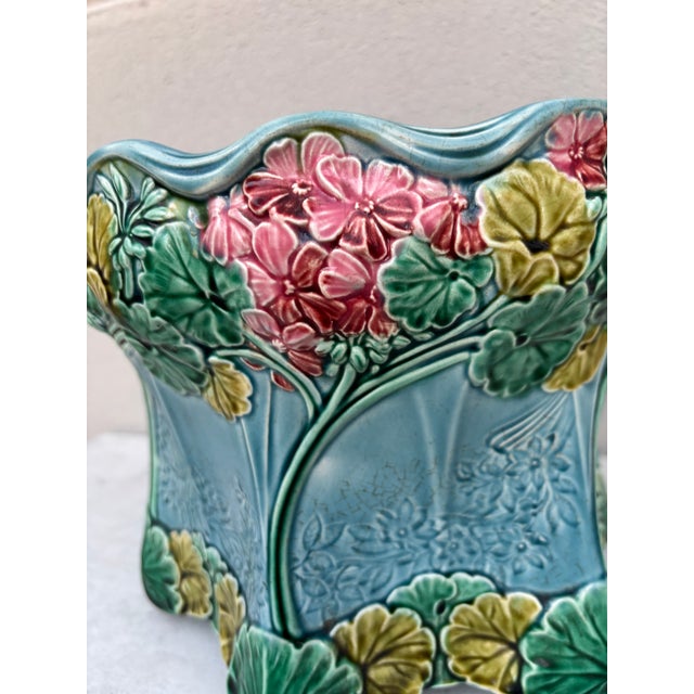 Art Nouveau Majolica Aqua Hydrangea Cachepot Sarreguemines, Circa 1900 For Sale - Image 3 of 8