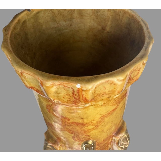 Antique Art Nouveau Austrian Teplitz Style Pottery Floor Vase 4 Footed 22” For Sale - Image 4 of 12