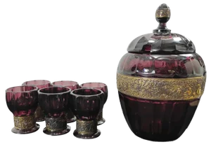Red Glass Glasses and Antique Walther Jug, 1890s, Set of 7