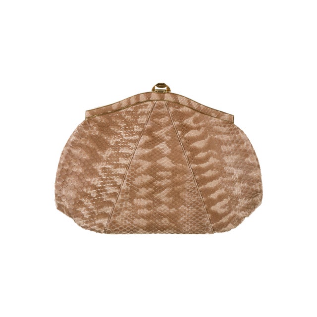 Judith Leiber 90s Judith Leiber Pouch Snakeskin Tan Beige Clutch Shoulder Bag Tiger Eye Gemstone Vintage For Sale - Image 4 of 16