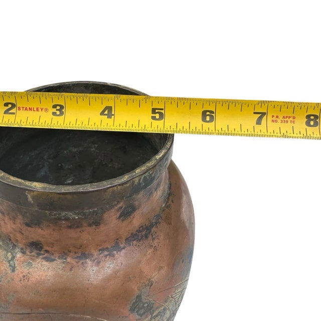 Copper Antique Early 20th C Hand Etched Copper Vase Urn Primitive Tribal Vessel For Sale - Image 8 of 9