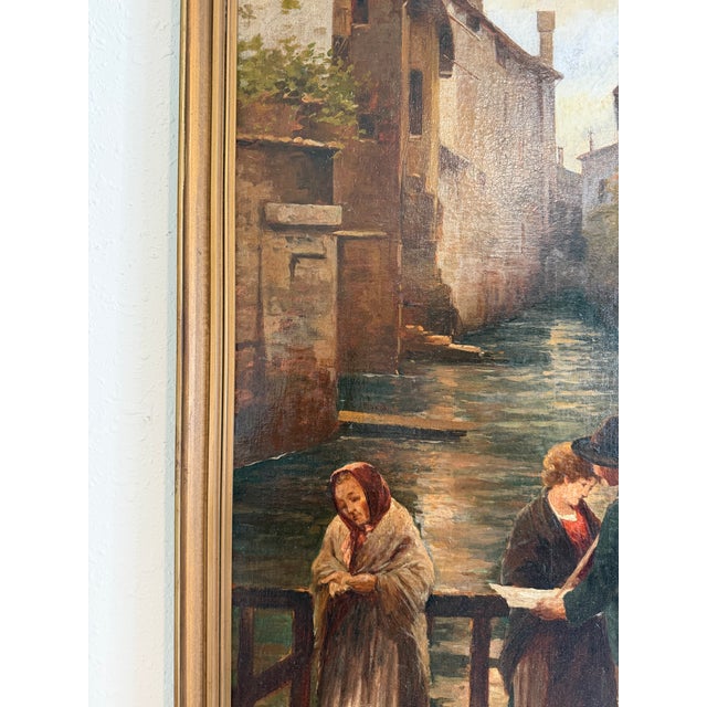Antique 1913 Venetian/Italian School Canal Scene v. Campiniz Figures Landscape For Sale - Image 15 of 16