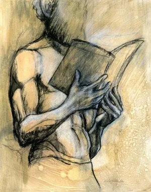 Original Realist Figurative Mixed Media Drawing, "The Reader" by Kathleen Ney