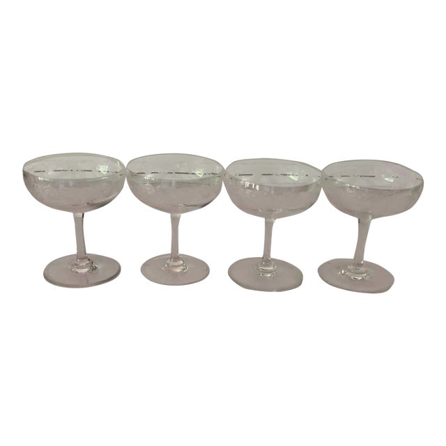 Vintage Lace & Floral Design Etched Champagne Glasses S/4 For Sale
