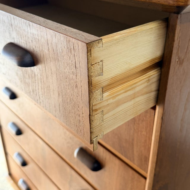 Brown Vintage Danish Modern Teak Tall Chest of Drawers, 6 Drawer Highboy Commode, 1960s For Sale - Image 8 of 8