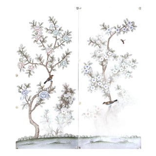 Chinoiserie Hand‑Painted Wallpaper Panels, Taupe Background Floral & Bird Motifs, Set of 2 For Sale