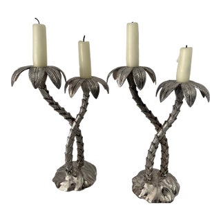 Pair of Silver Plate Palm Tree Candlesticks by Godinger For Sale