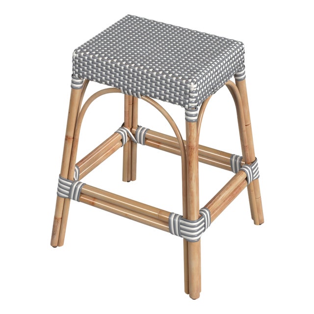 Robias 24.5 in. Seat Height Rectangular Rattan Backless Counter Stool with Footrest, White/Gray Dot / Natural Rattan Frame For Sale