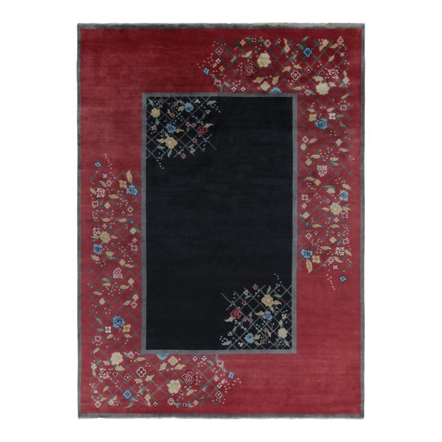 Rug & Kilim Chinese Style Art Deco Rug in Black & Red with Colorful Florals - 12'x15' For Sale