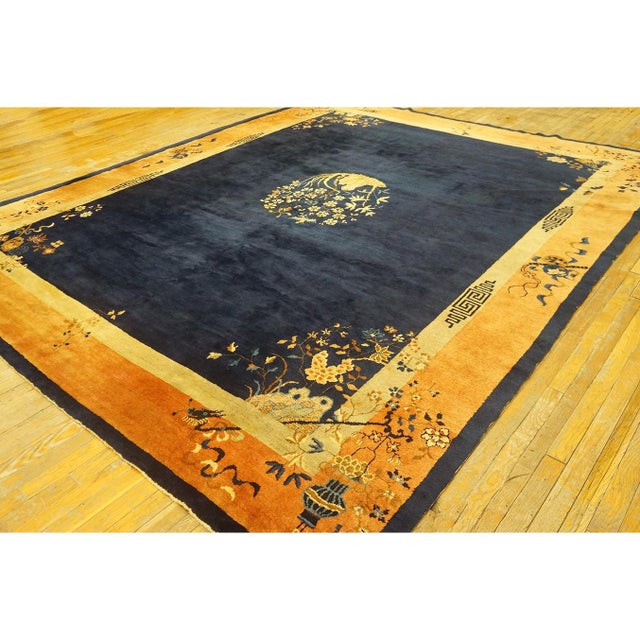 Art Deco 1920s Navy Vase Medallion Antique Chinese Art Deco Peking Wool Rug 9'3" X 11'3" For Sale - Image 3 of 9