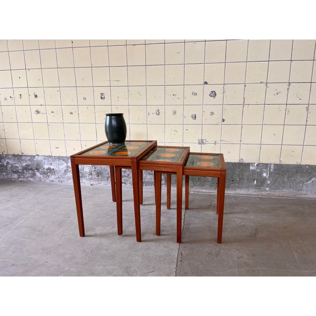 Danish Nesting Tables with Ceramic Inlay, 1960, Set of 3, in Very Good conditions. Designed 1960 to 1969
